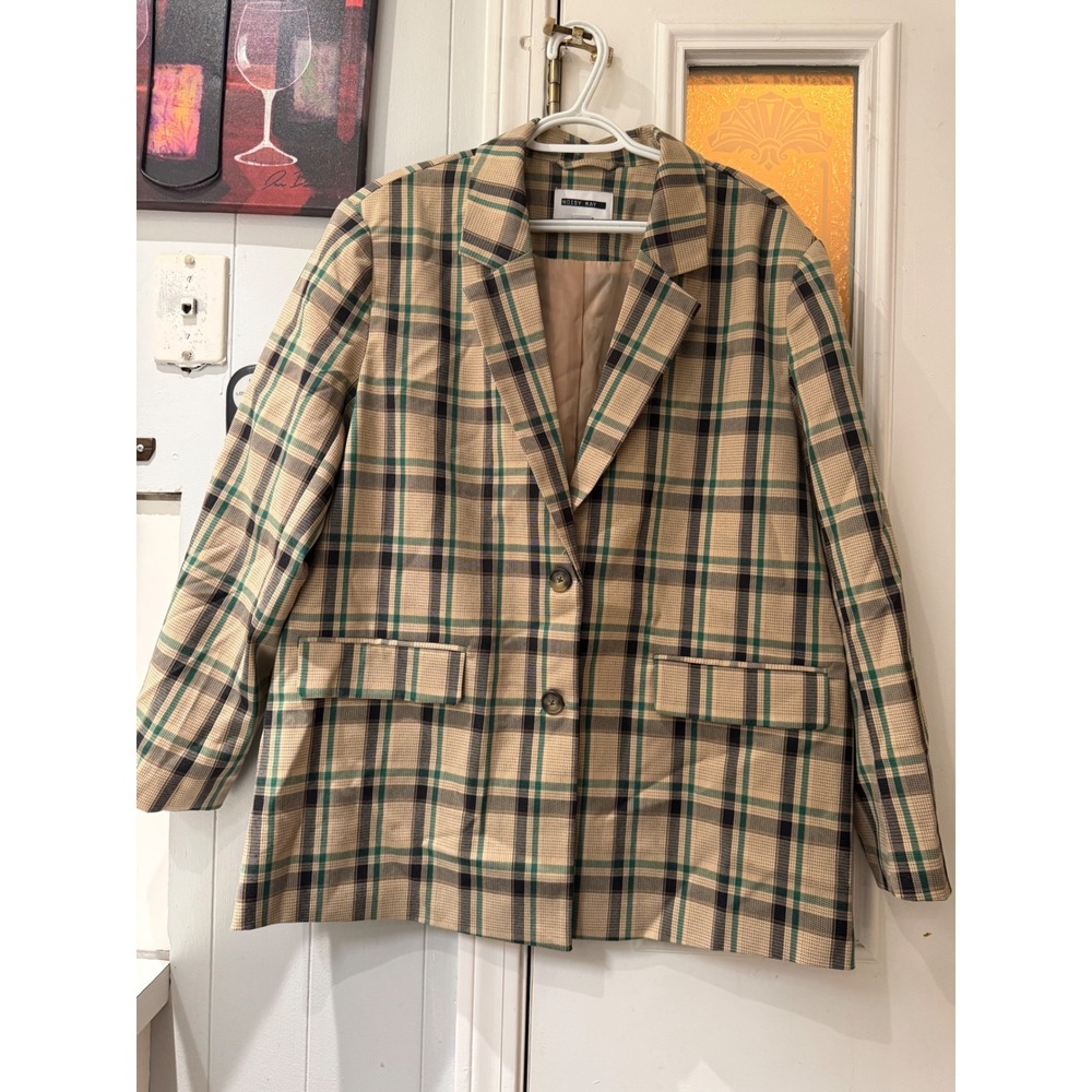 Noisy May NMLaura Oversize Check Blazer Tan Green Plaid Jacket XL 27027339